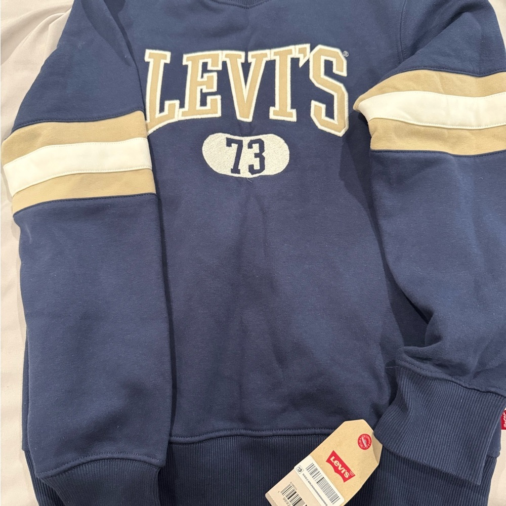 Boys Levi's Navy Crewneck Sweatshirt with Cream & Tan Stripes